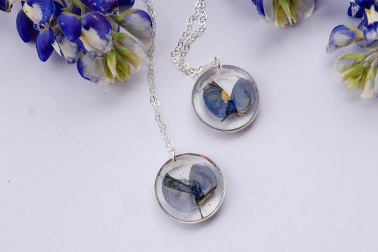 Texas pressed bluebonnet necklace -24k gold fill or sterling silver circle pendant
