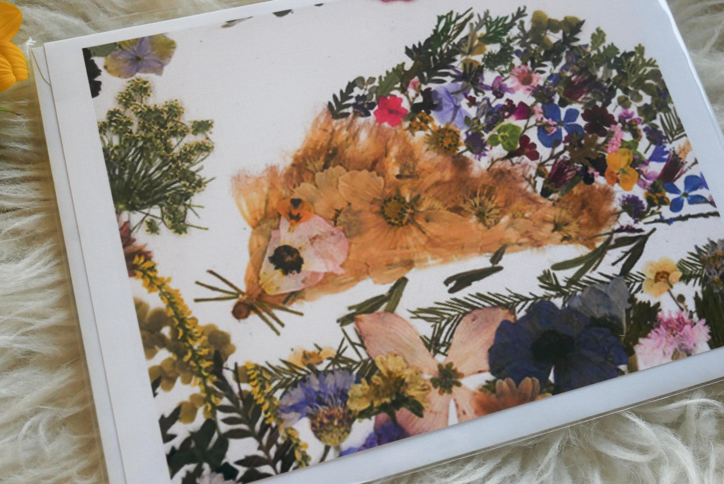 Pressed flower hedgehog print greeting card, pressed flower hedgehog, hedgehog card, blank whimsical greeting card