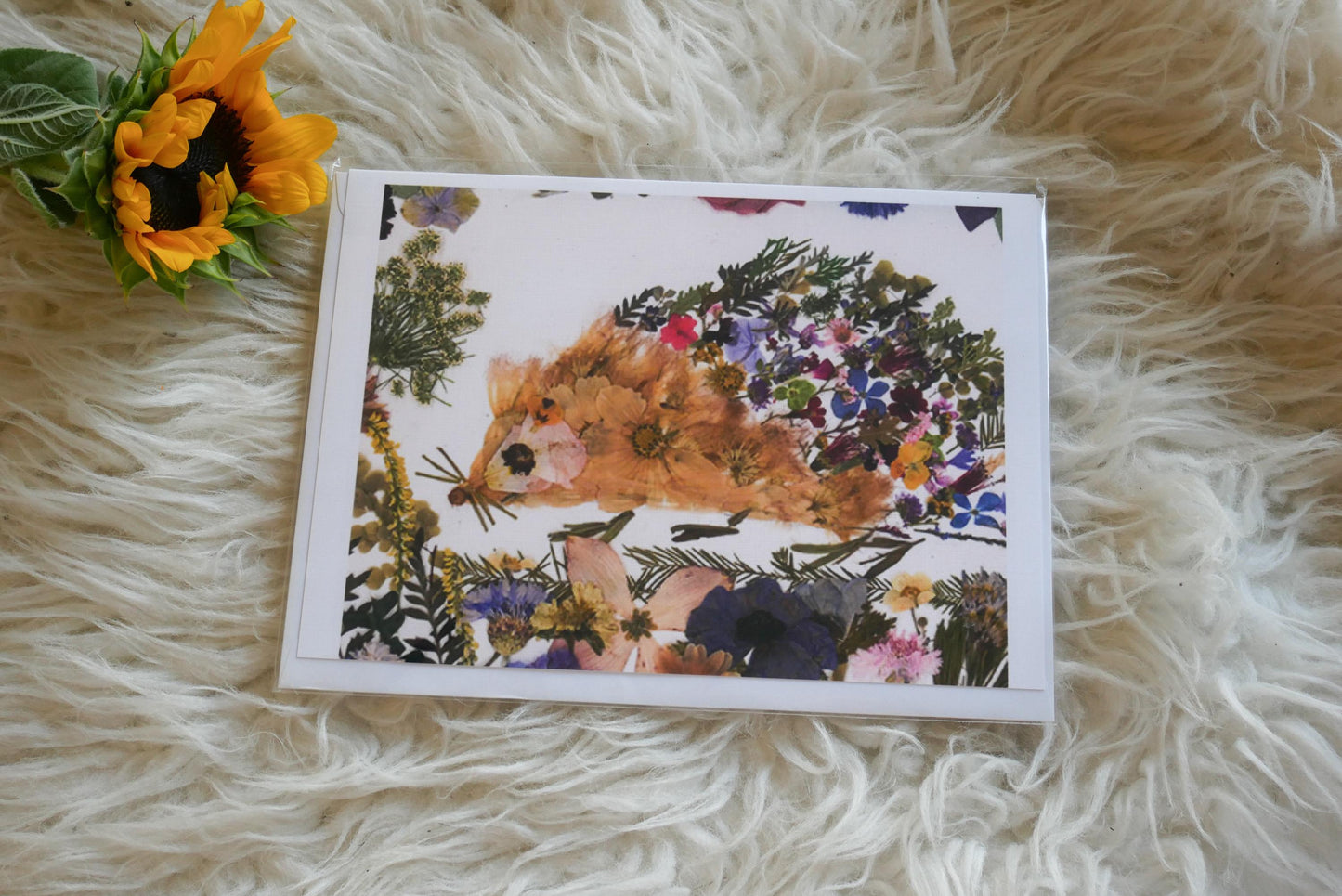 Pressed flower hedgehog print greeting card, pressed flower hedgehog, hedgehog card, blank whimsical greeting card
