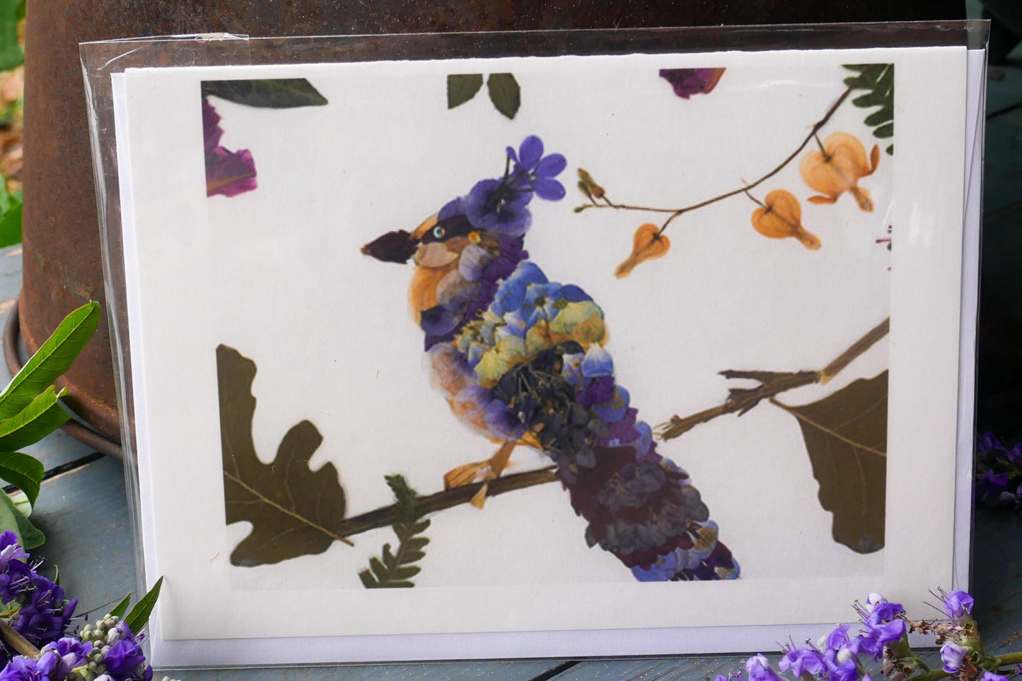 Pressed flower blue jay art PRINT, whimsical bird art