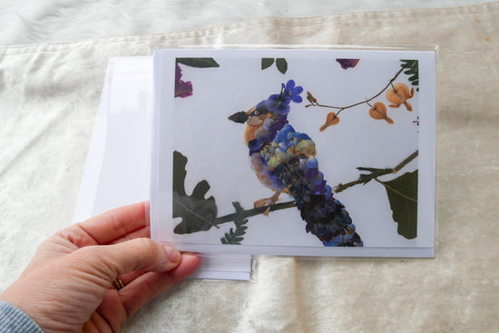Pressed flower blue jay art PRINT, whimsical bird art