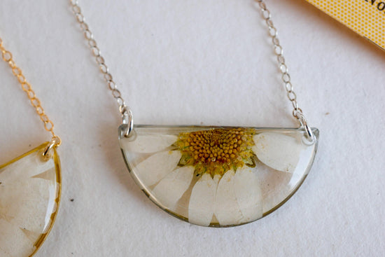 Pressed Daisy Half Moon Necklace