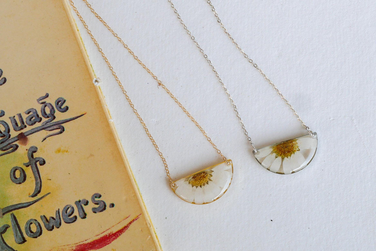 Pressed Daisy Half Moon Necklace