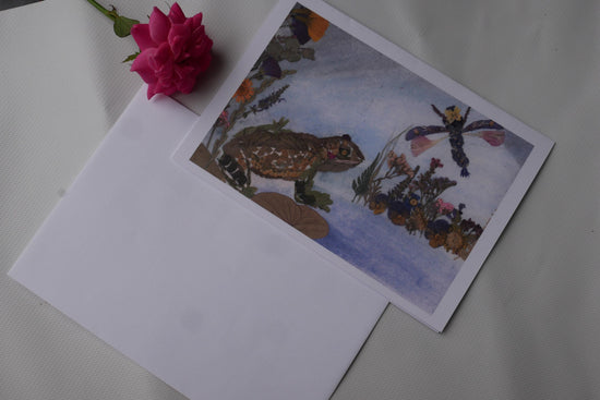 Pressed flower frog  greeting card, PRINT,  floral collage frog