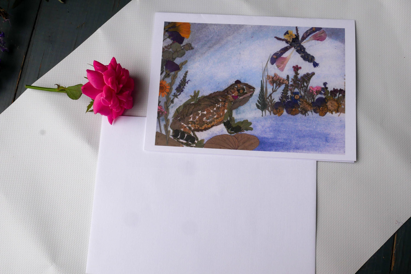 Pressed flower frog  greeting card, PRINT,  floral collage frog