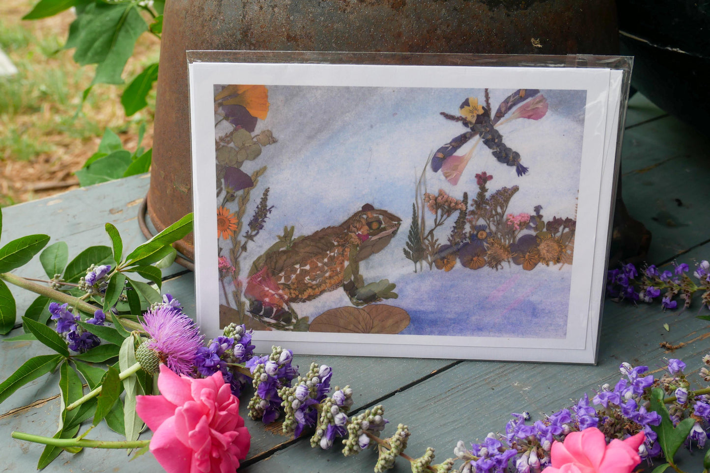 Pressed Flower Frog Greeting Card - Botanical Collage Design
