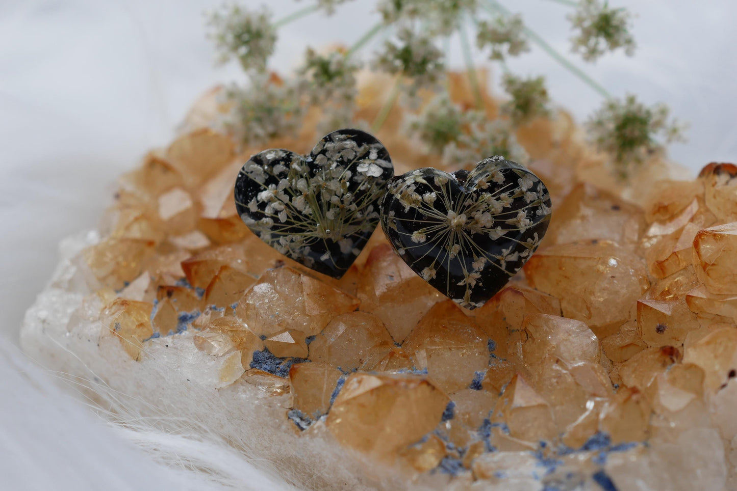 Pressed queen annes lace flower heart earrings,