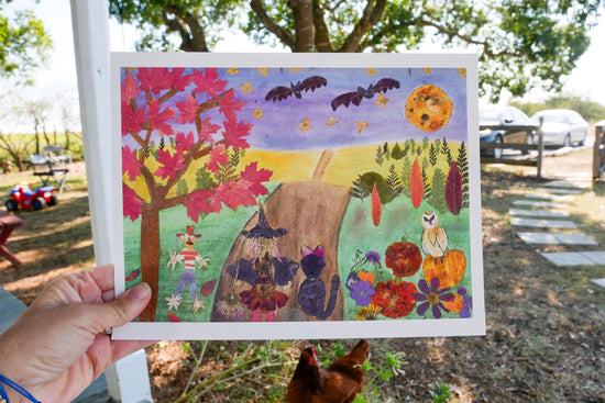 Pressed flower Halloween art print, whimsical fall art greeting card