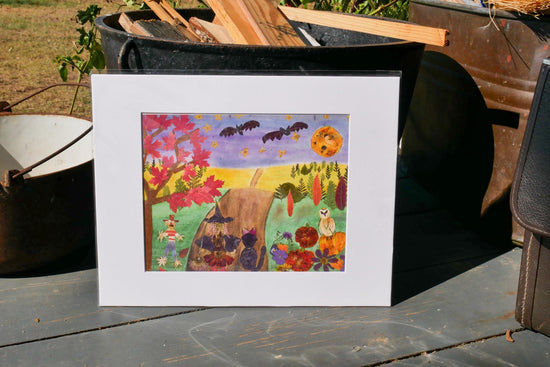 Pressed flower Halloween art print, whimsical fall art greeting card