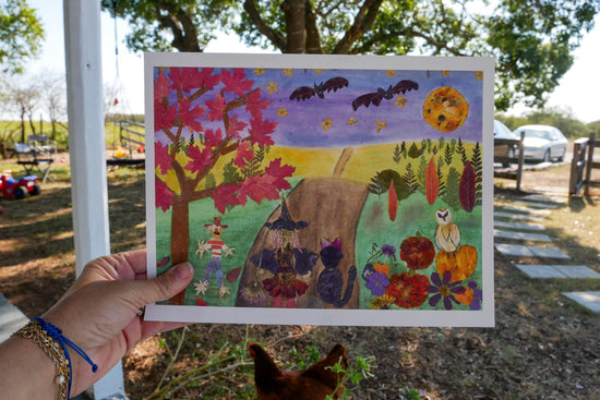 Pressed flower Halloween art print, whimsical fall art greeting card