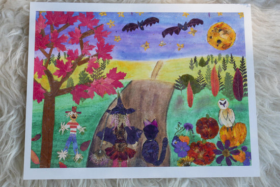 Pressed flower Halloween art print, whimsical fall art greeting card