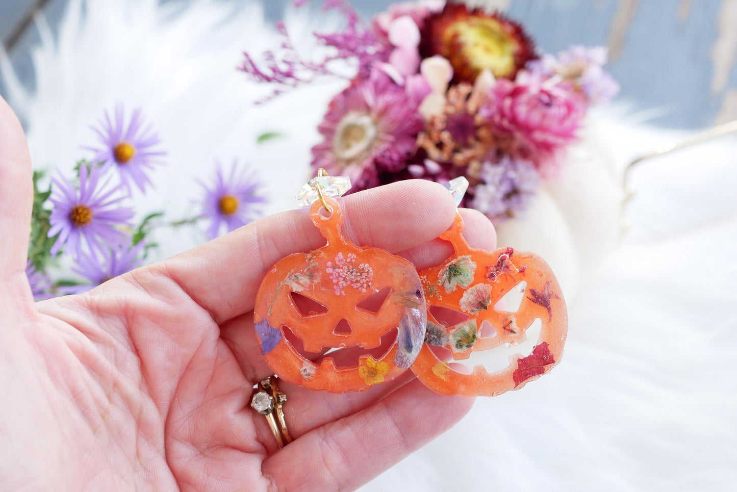 Pressed flower Halloween pumpkin earrings