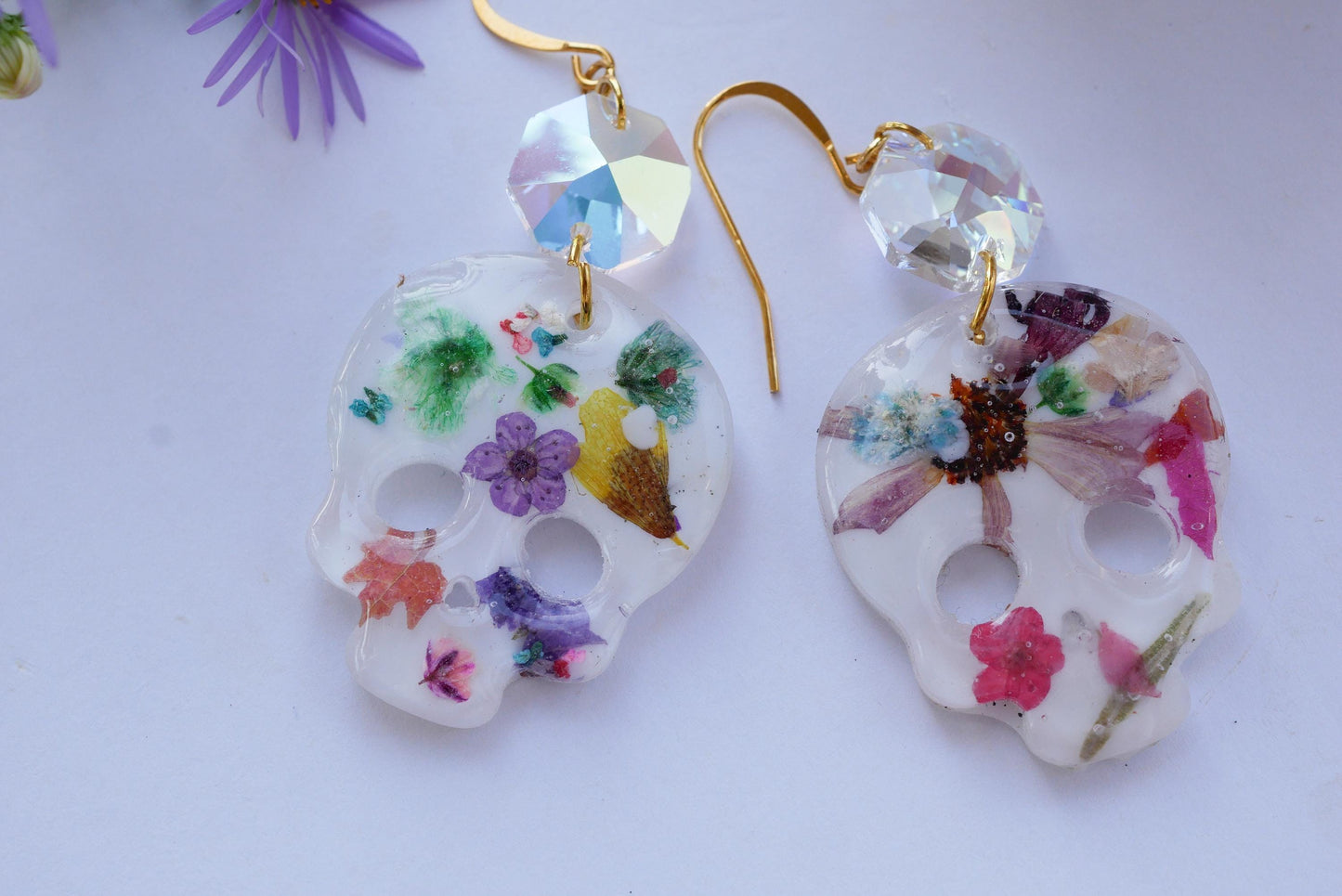 Pressed flower skeleton  earring for Halloween or dia de los muertos
