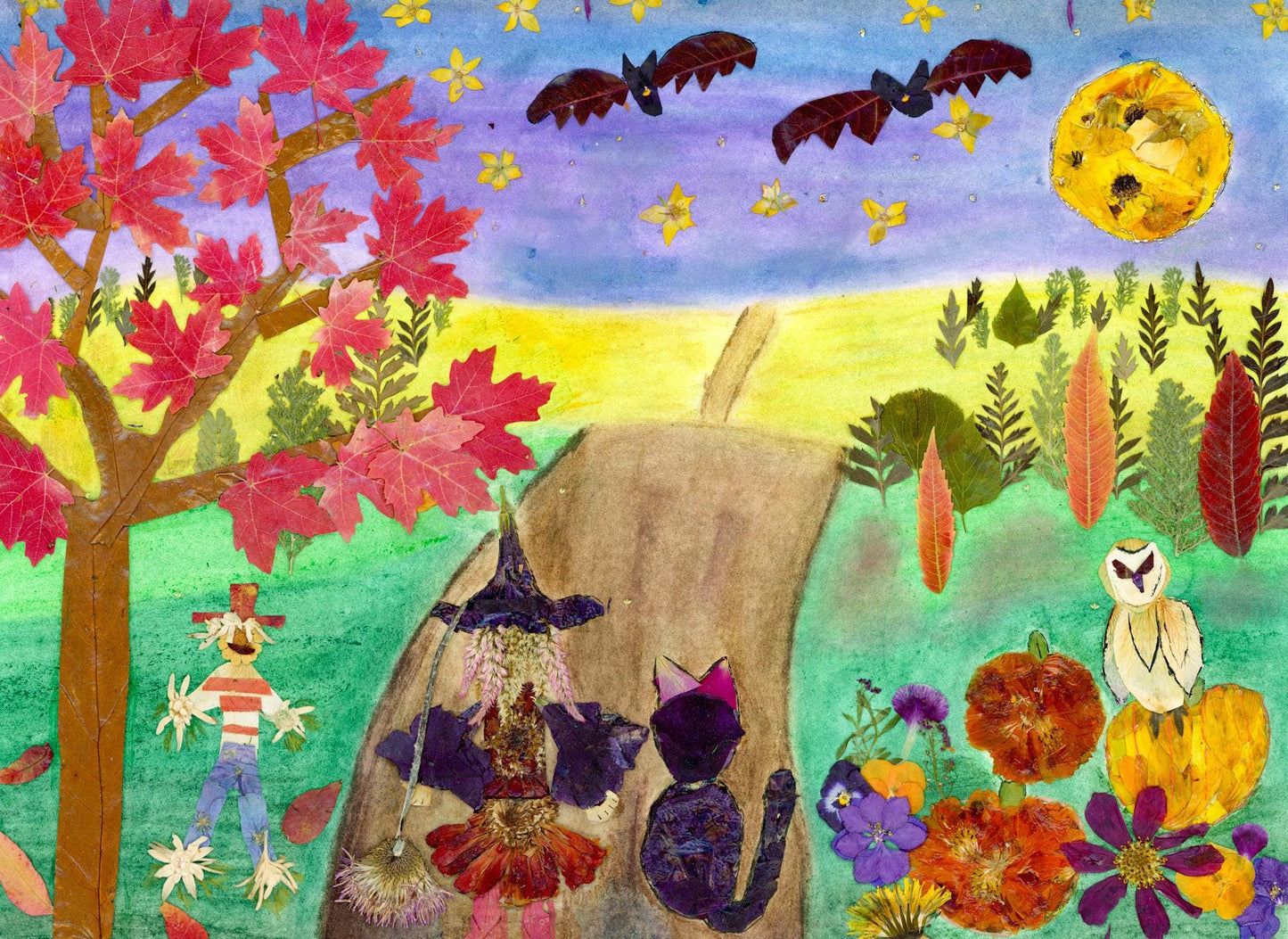 Pressed flower Halloween art print, whimsical fall art greeting card