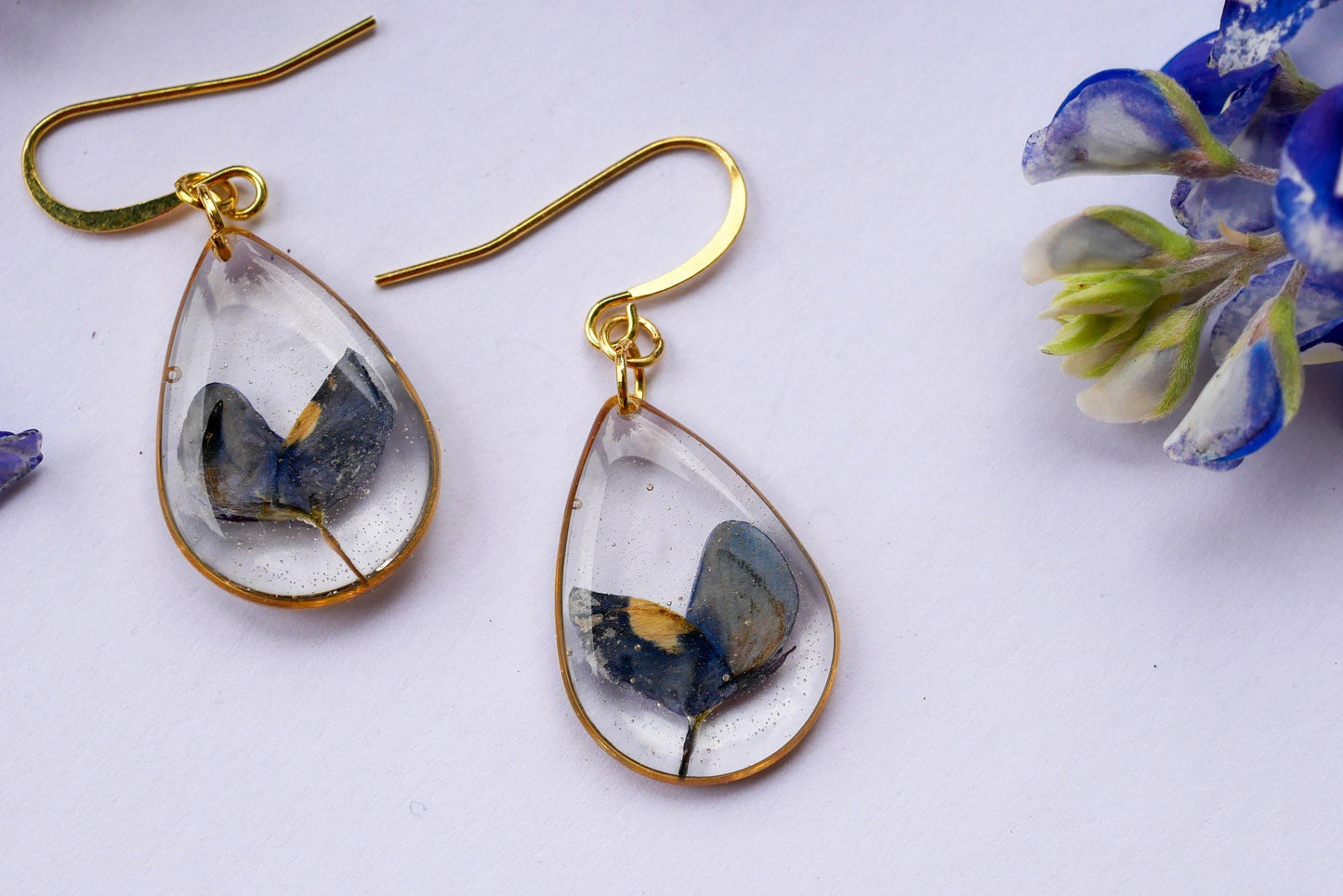 Pressed Texas bluebonnet earrings, Texas pride dangles, real wildflower earrings