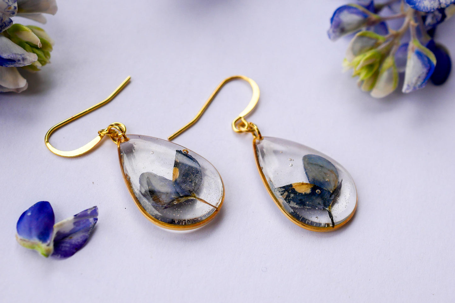 Pressed Texas bluebonnet earrings, Texas pride dangles, real wildflower earrings