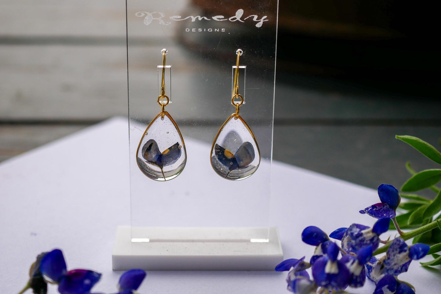 Pressed Texas bluebonnet earrings, Texas pride dangles, real wildflower earrings