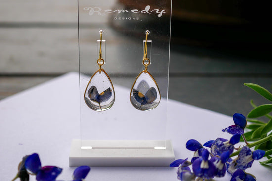 Pressed Texas bluebonnet earrings, Texas pride dangles, real wildflower earrings