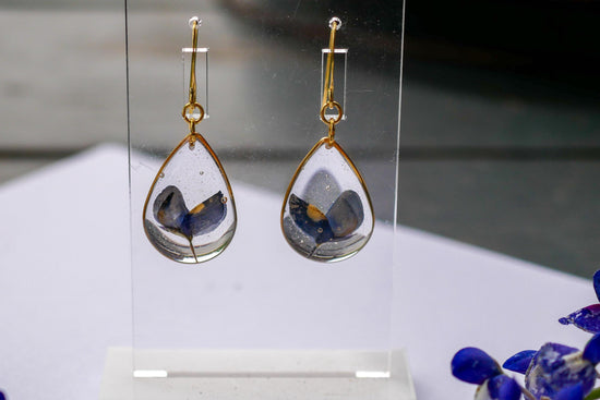 Pressed Texas bluebonnet earrings, Texas pride dangles, real wildflower earrings