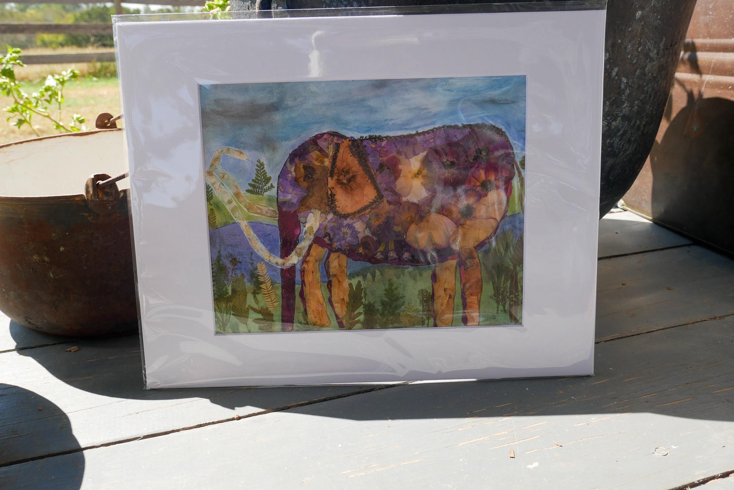 Pressed Flower Colombian Mammoth original whimsical art, Mammoth art