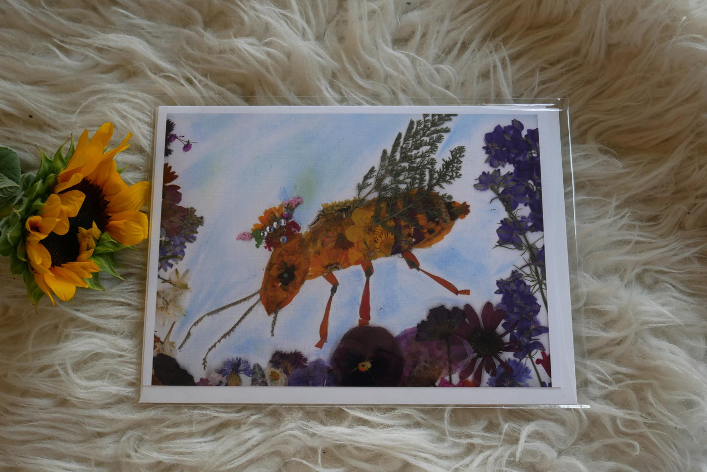 Pressed flower bee greeting card, pressed flower bee, queen bee card, blank whimsical greeting card