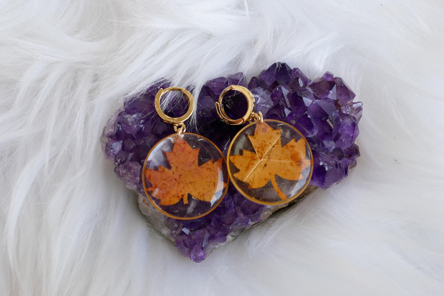 Pressed Maple Leaf Earrings – Real Maple Leaves on Gold-Fill or Sterling Silver Huggies