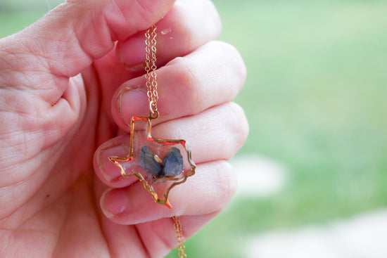 Texas Necklace with Pressed Bluebonnet Petal – 14k Gold Fill or Sterling Silver – Dainty Texas Jewelry – Texas Gift for Her