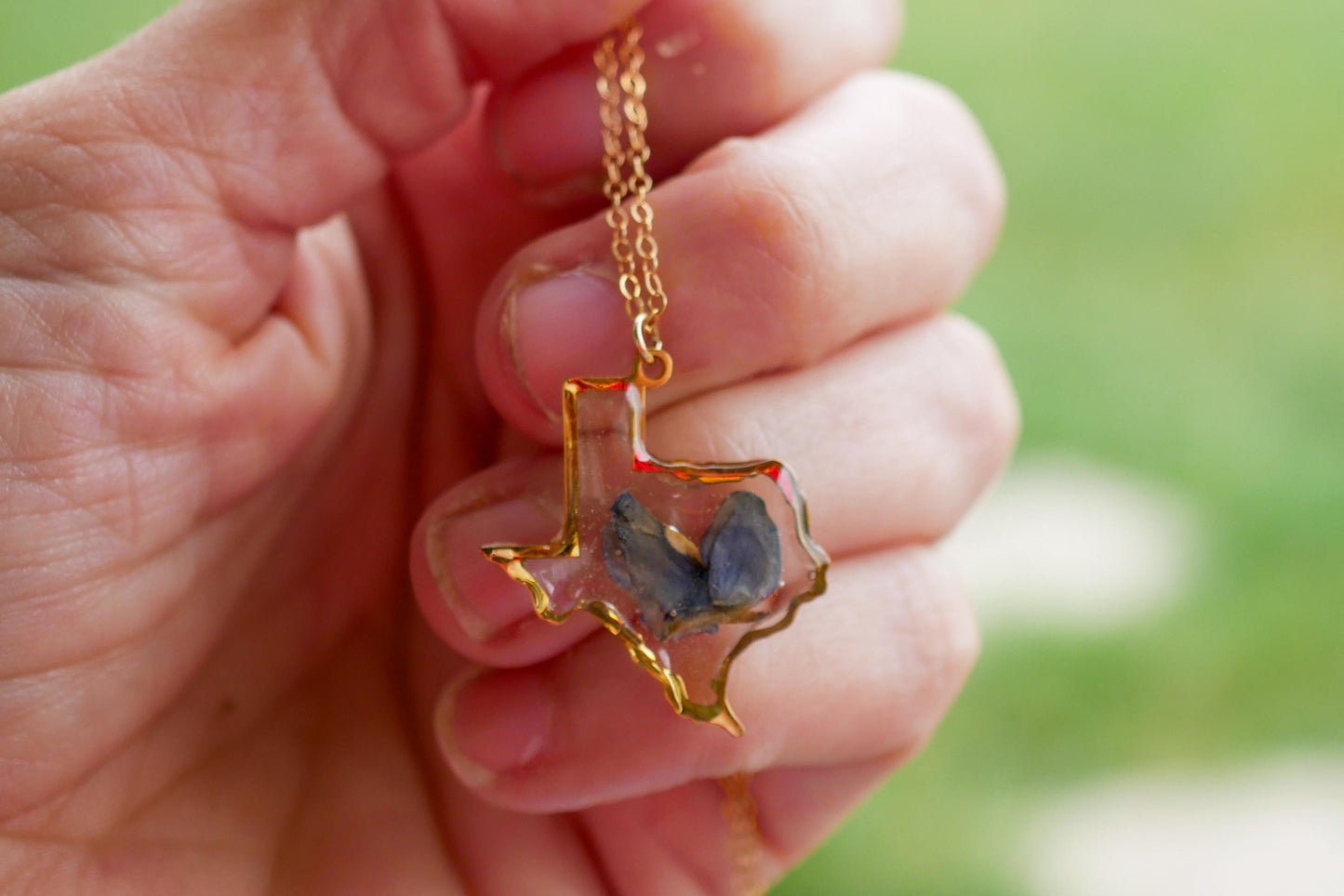 Texas Necklace with Pressed Bluebonnet Petal – 14k Gold Fill or Sterling Silver – Dainty Texas Jewelry – Texas Gift for Her