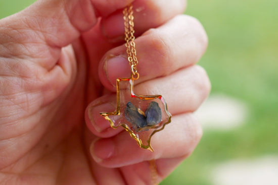 Texas Necklace with Pressed Bluebonnet Petal – 14k Gold Fill or Sterling Silver – Dainty Texas Jewelry – Texas Gift for Her
