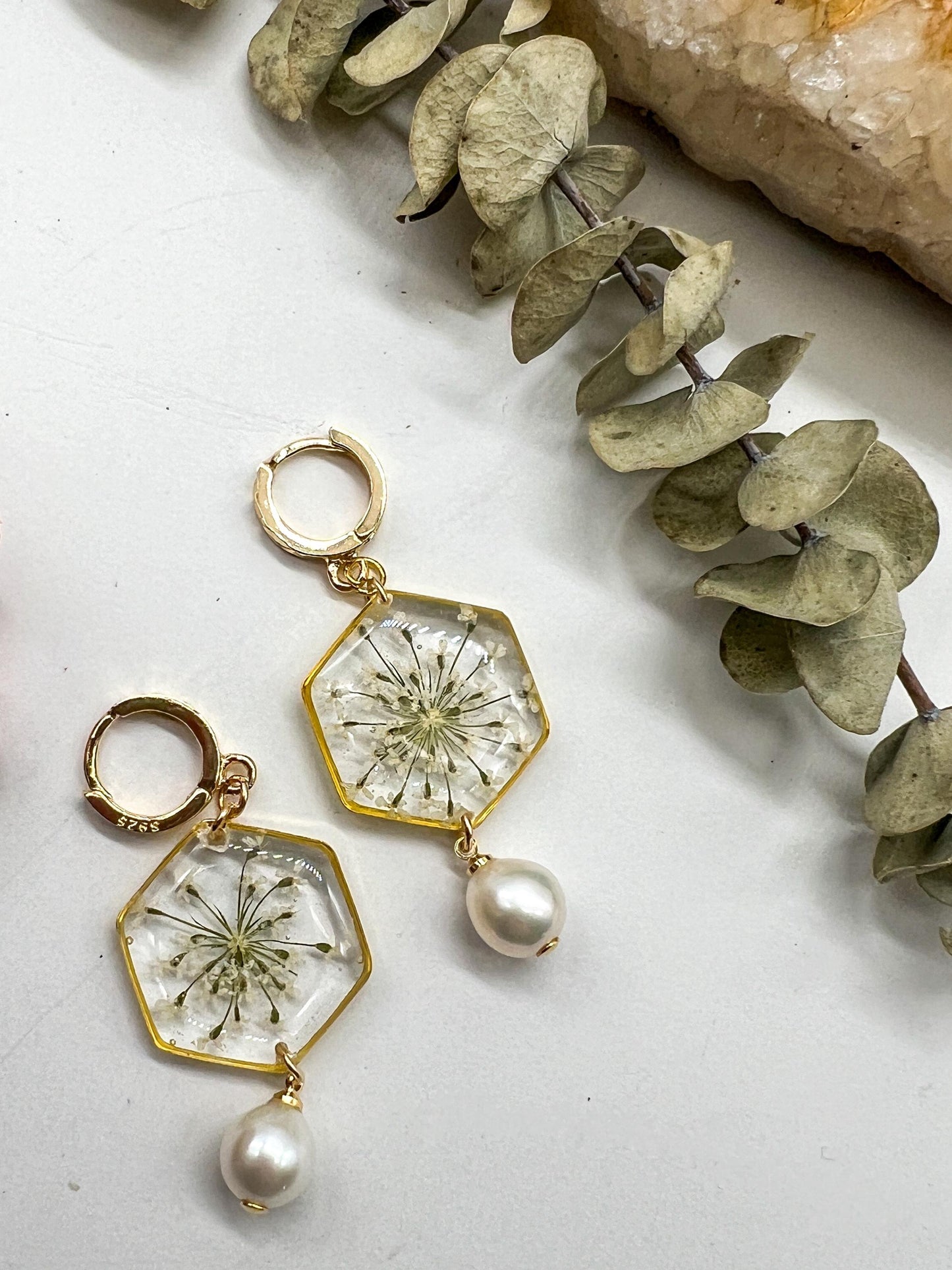 Pressed Queen Anne’s Lace Hexagon Huggies with Freshwater Pearls | Sterling Silver or 24K Gold Fill Hoops