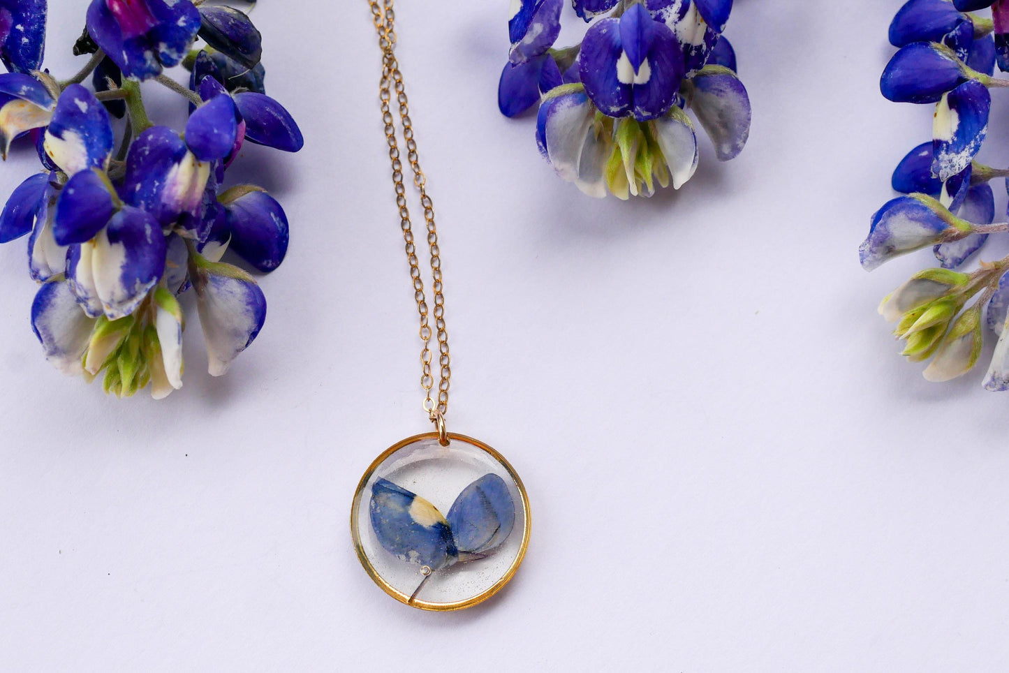 Texas pressed bluebonnet necklace -24k gold fill or sterling silver circle pendant