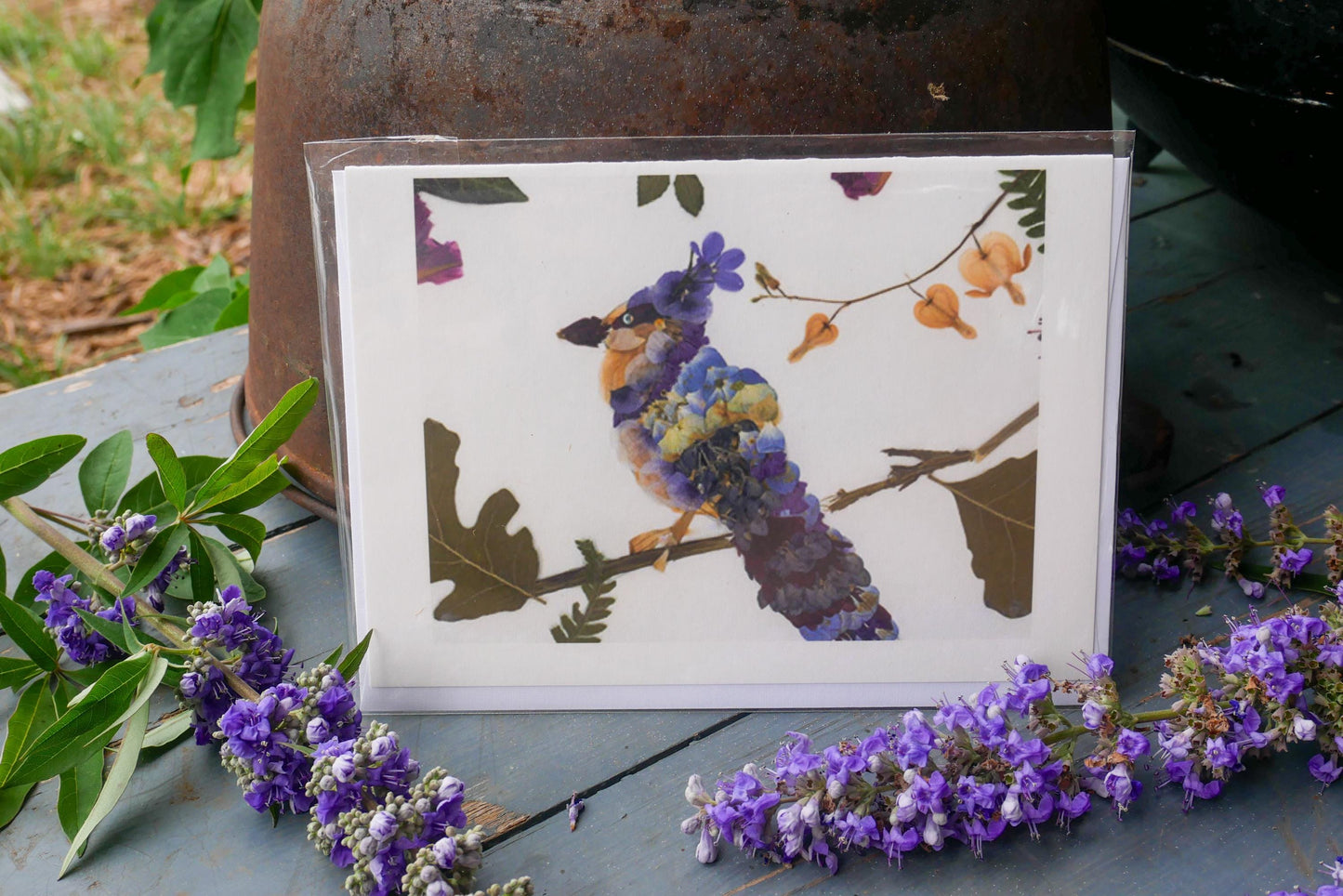 Pressed flower blue jay art PRINT, whimsical bird art
