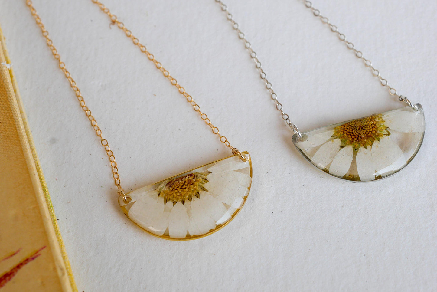 Pressed Daisy Half Moon Necklace