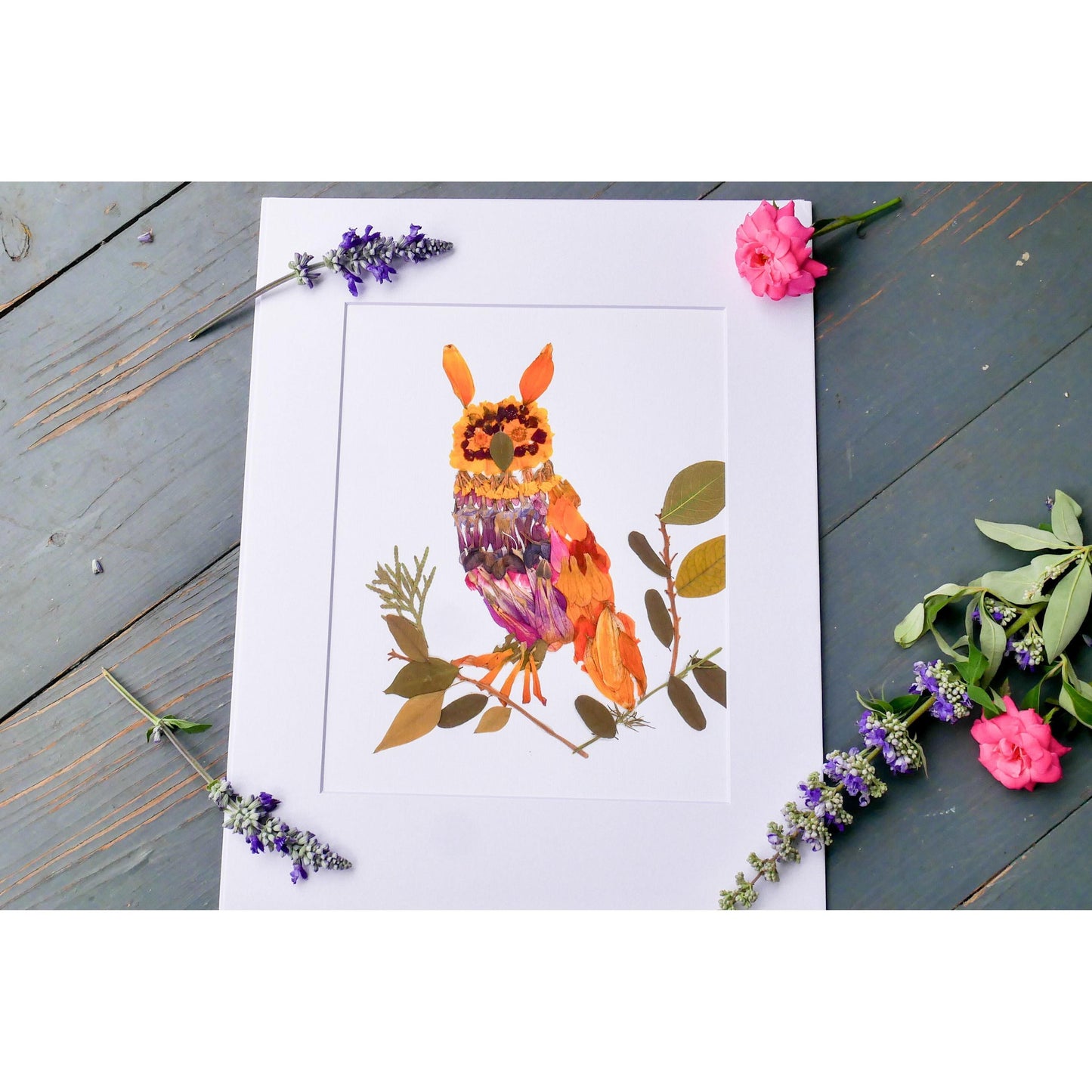 Owl Wall Art: Pressed Flower Illustration (8.5x11, Mat Included)