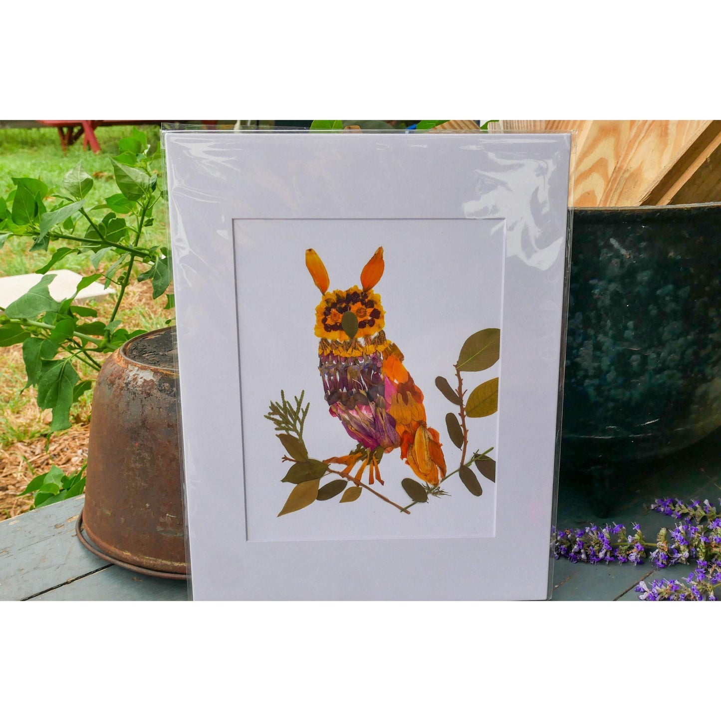 Owl Wall Art: Pressed Flower Illustration (8.5x11, Mat Included)