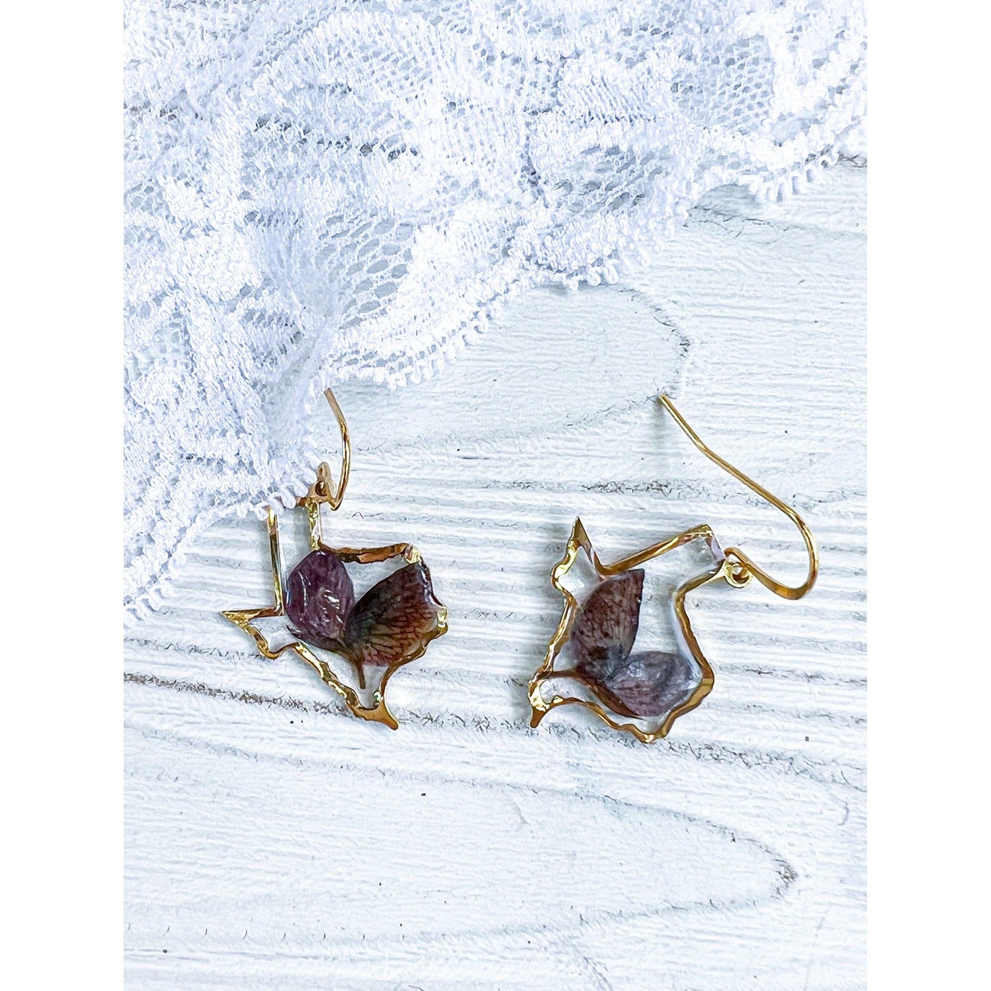 Texas shaped bluebonnet petal dangle earrings