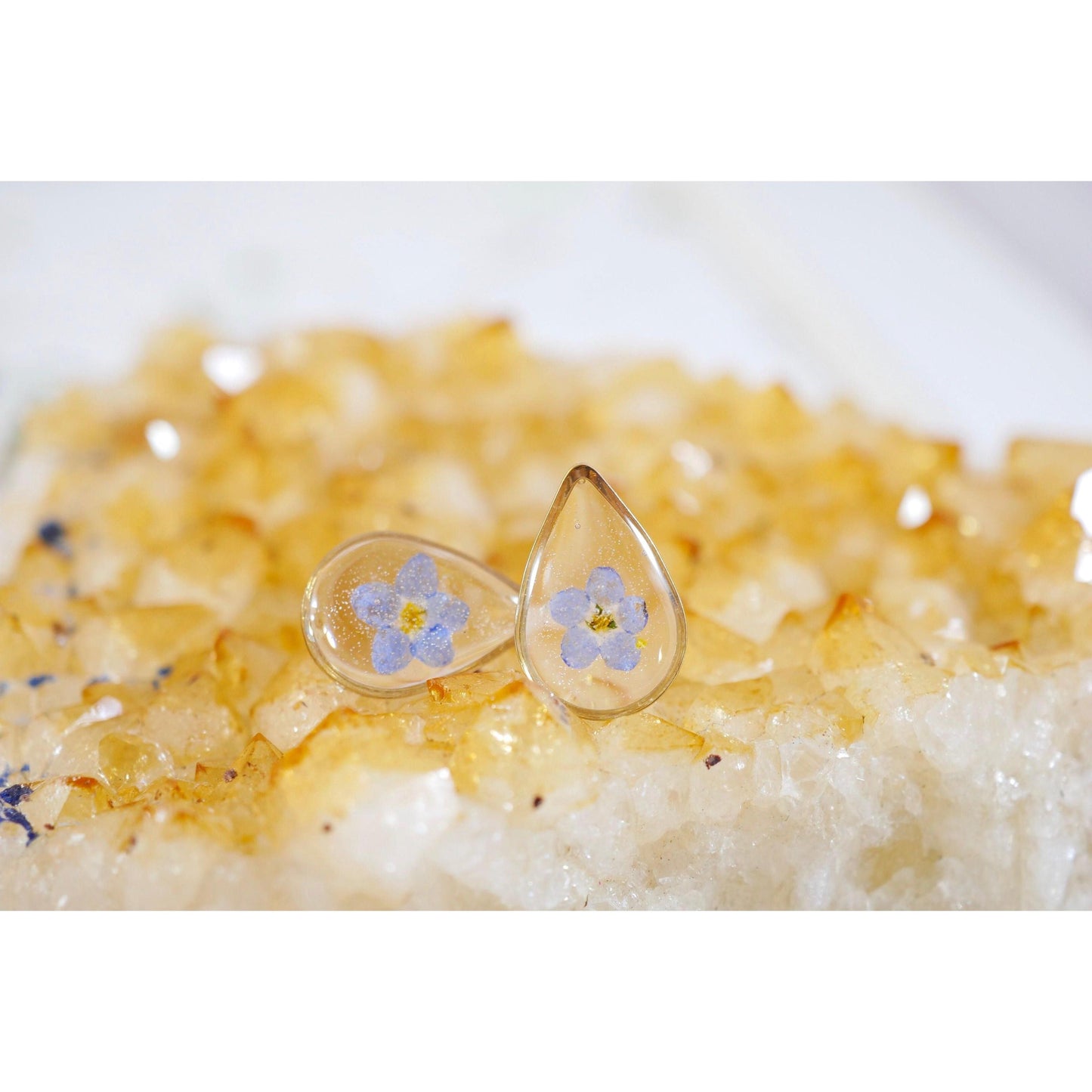 Pressed Flower Stud Earrings - Tiny Forget Me Not Teardrop