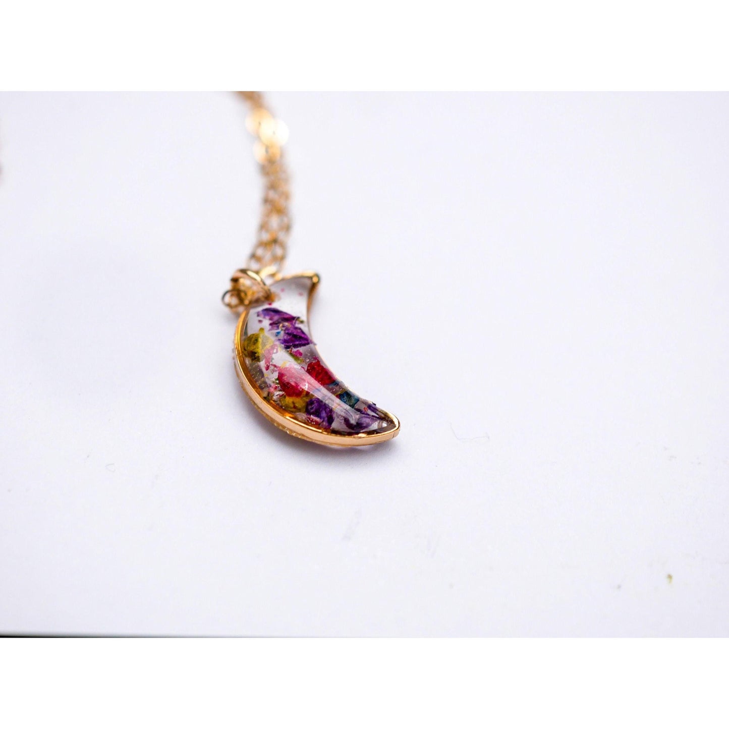 Tiny pressed flowers crescent moon necklace