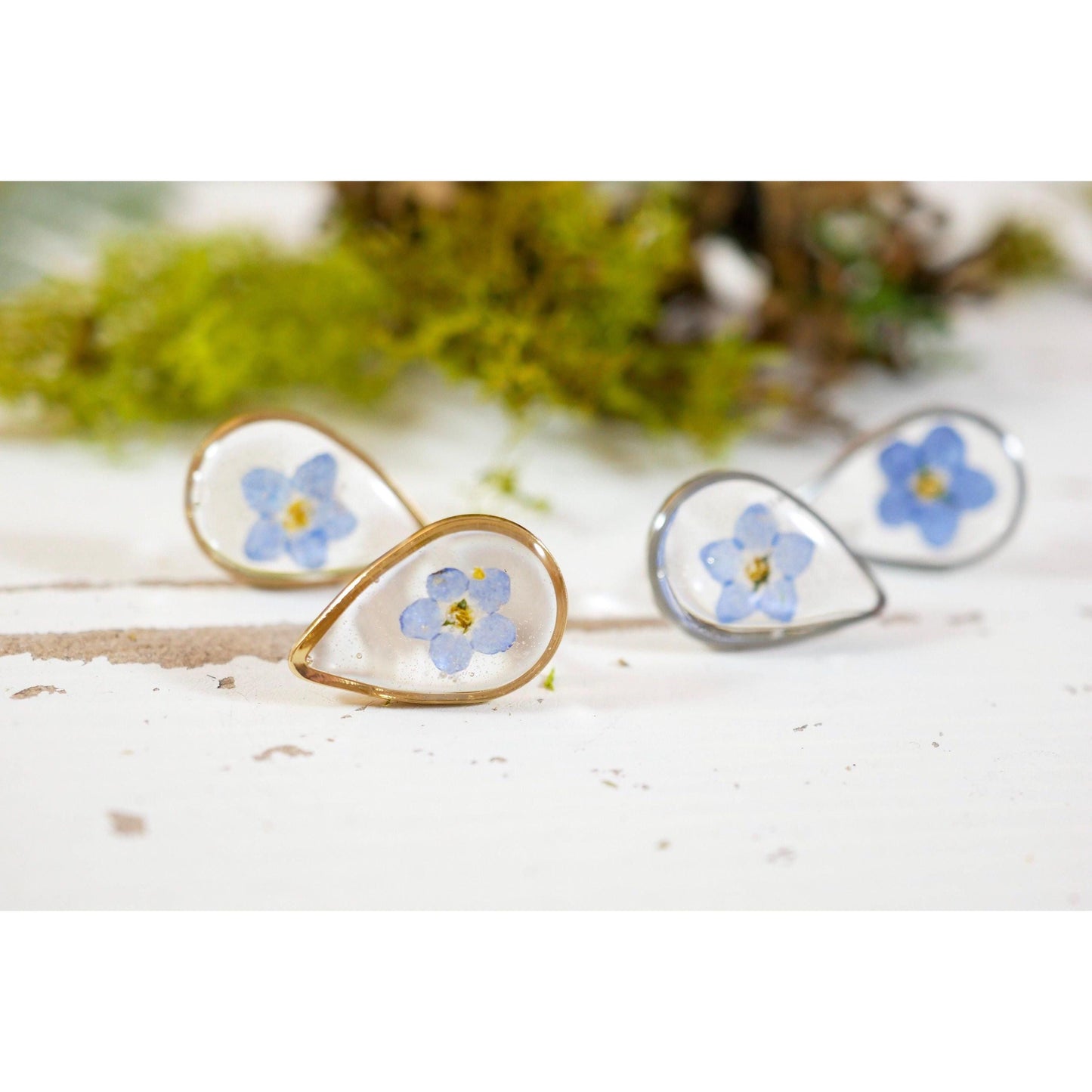 Pressed Flower Stud Earrings - Tiny Forget Me Not Teardrop
