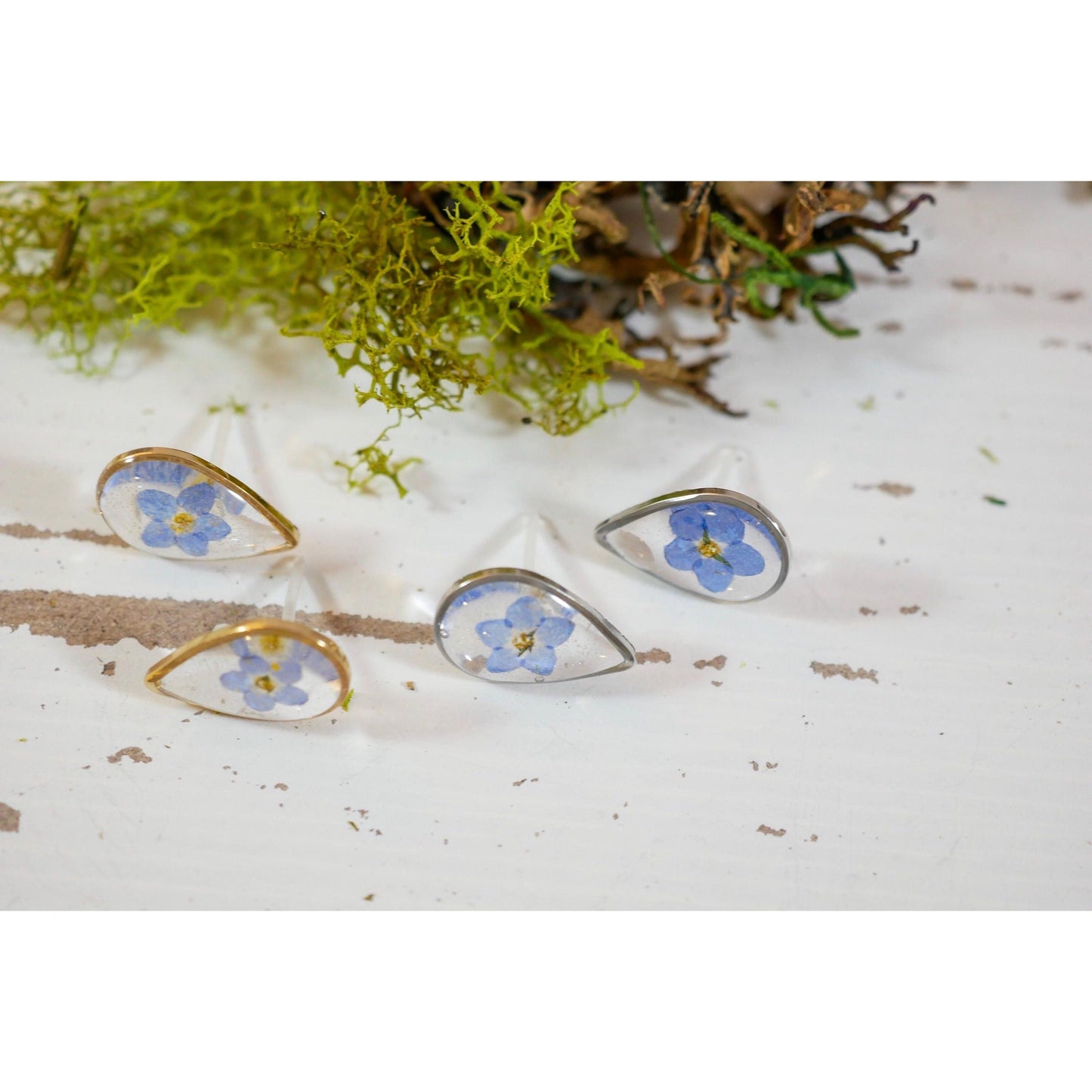 Pressed Flower Stud Earrings - Tiny Forget Me Not Teardrop