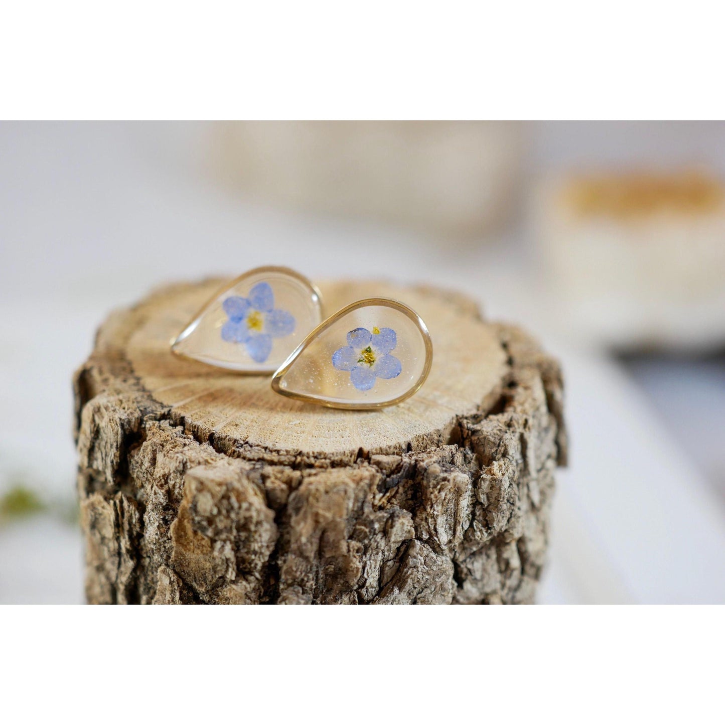 Pressed Flower Stud Earrings - Tiny Forget Me Not Teardrop