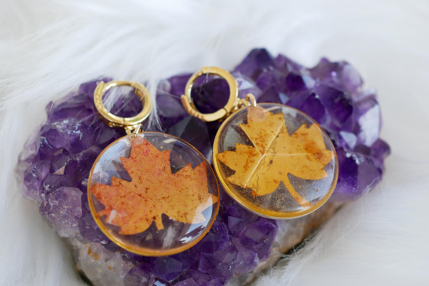 Pressed Maple Leaf Earrings – Real Maple Leaves on Gold-Fill or Sterling Silver Huggies