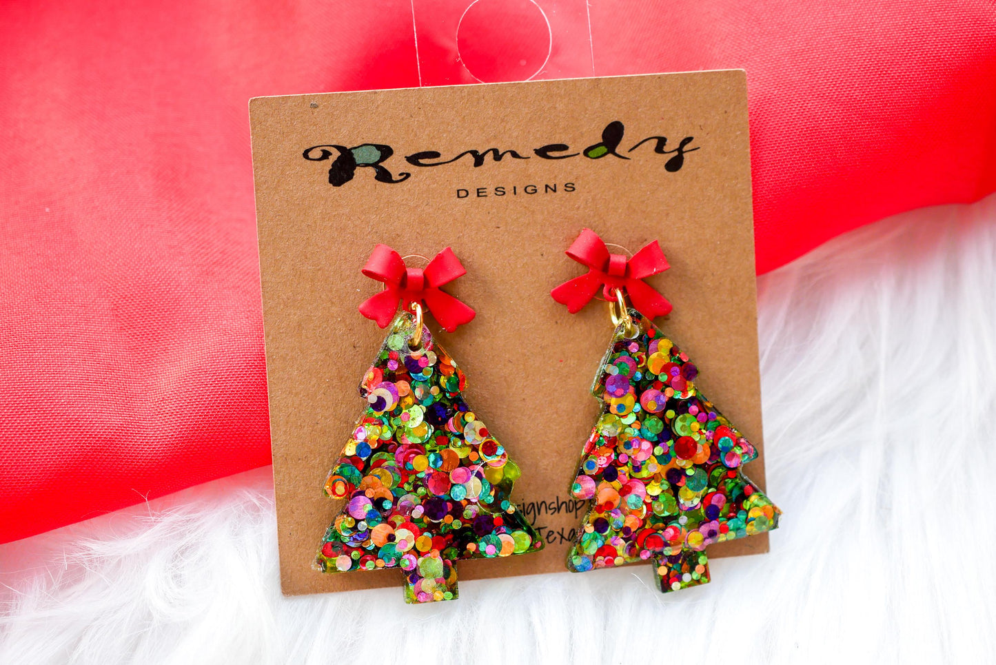 Glittery christmas tree earrings; sequin holiday earrings with a bow