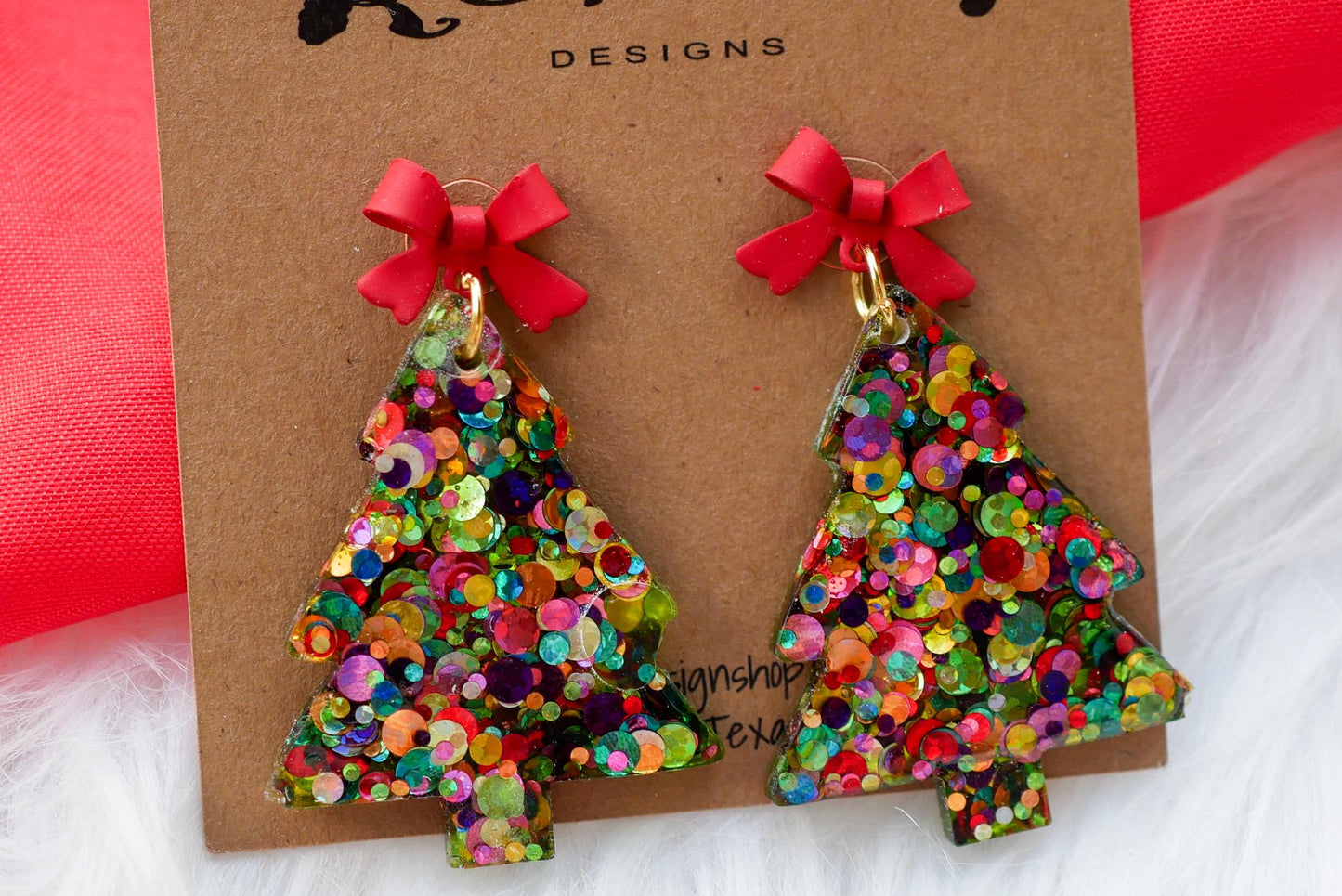 Glittery christmas tree earrings; sequin holiday earrings with a bow