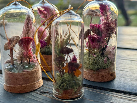 tiny mushroom and moss and dried flower in a glass cloche ornament