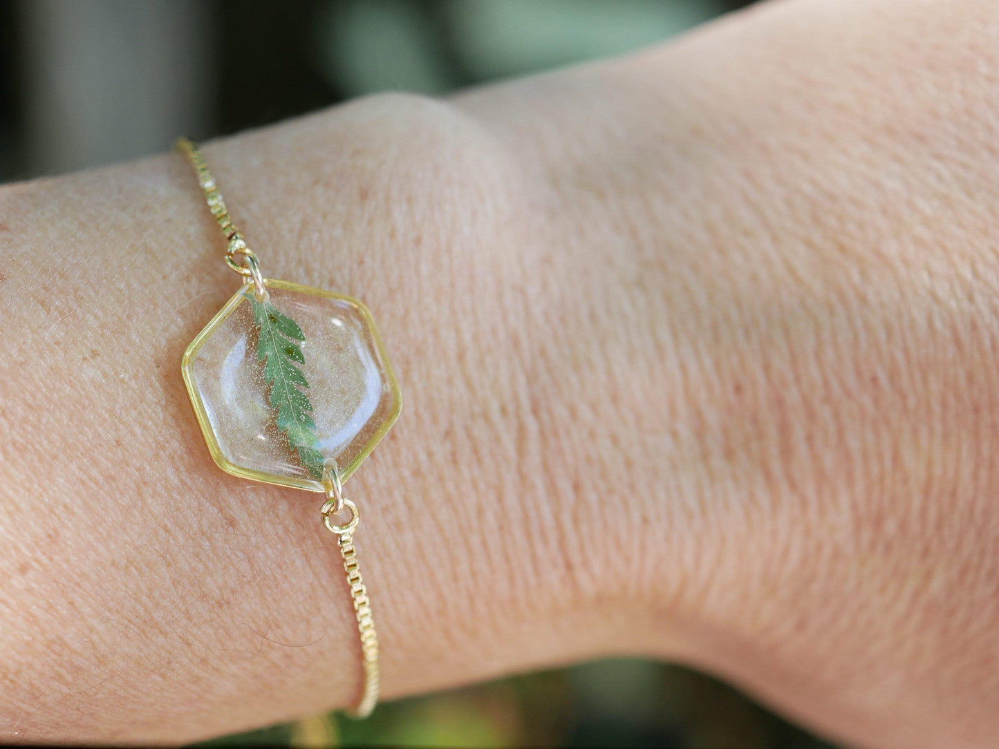 Pressed fern bracelet in gold or silver, real fern jewelry for nature gift