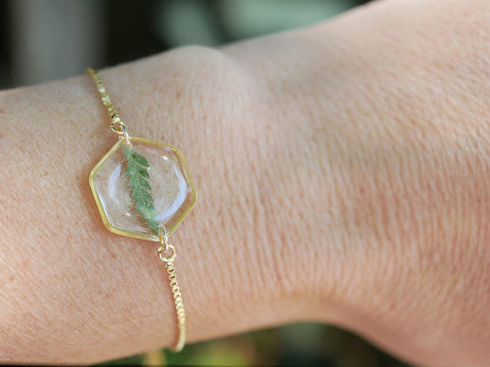 Pressed fern bracelet in gold or silver, real fern jewelry for nature gift