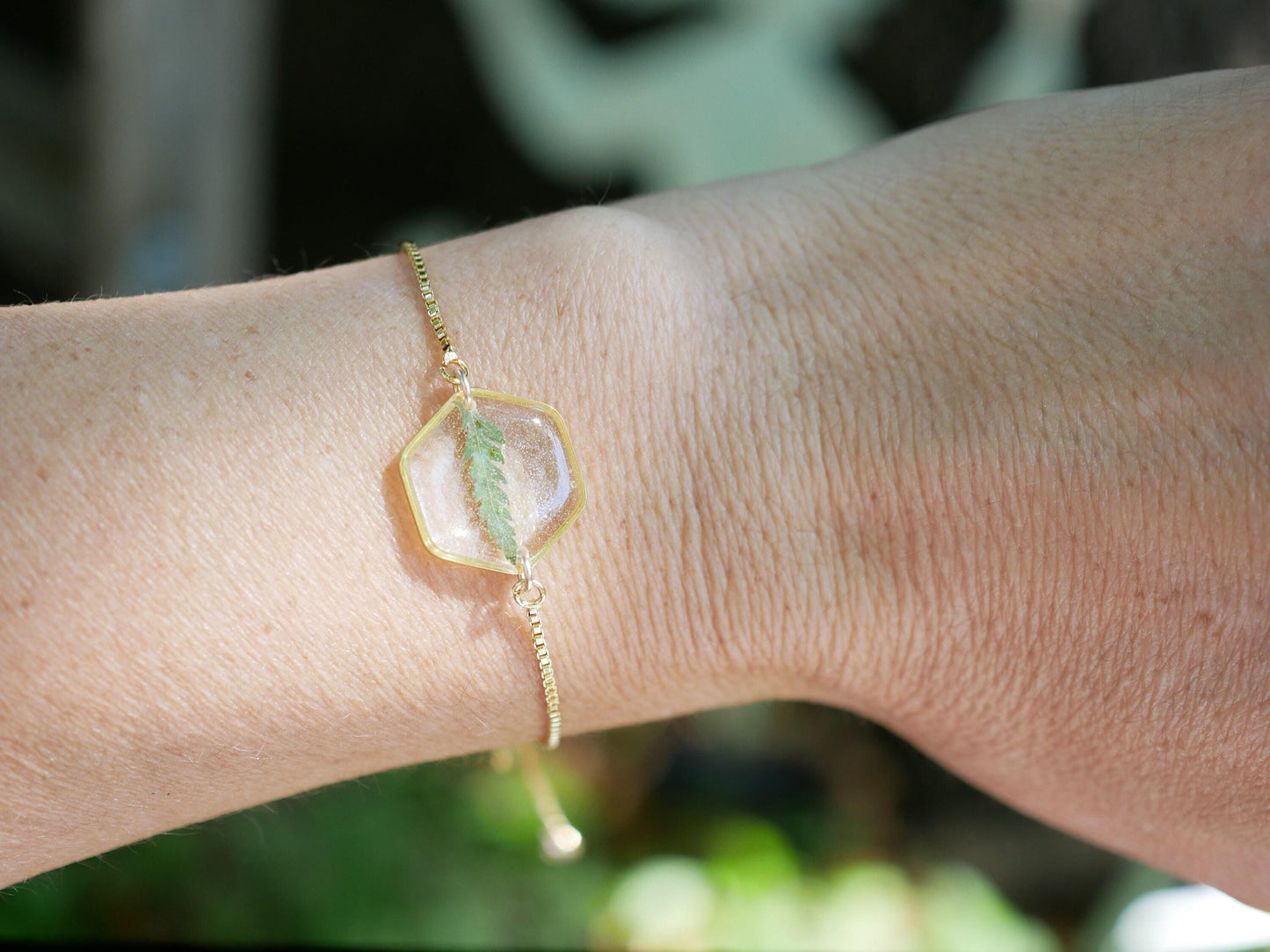 Pressed fern bracelet in gold or silver, real fern jewelry for nature gift