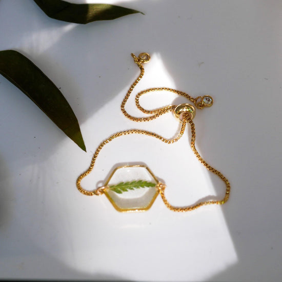 Pressed fern bracelet in gold or silver, real fern jewelry for nature gift