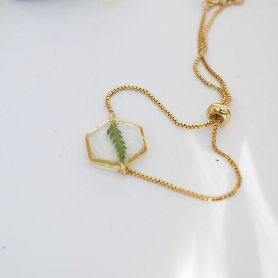 Pressed fern bracelet in gold or silver, real fern jewelry for nature gift